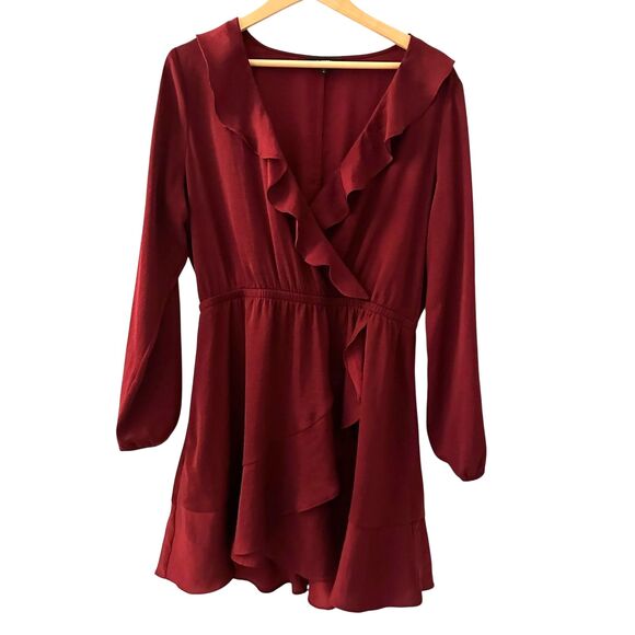 Express Dresses & Skirts - Express Dark Red V-Neck Ruffled Polyester Lightweight Knee Length Dress Size‎ L